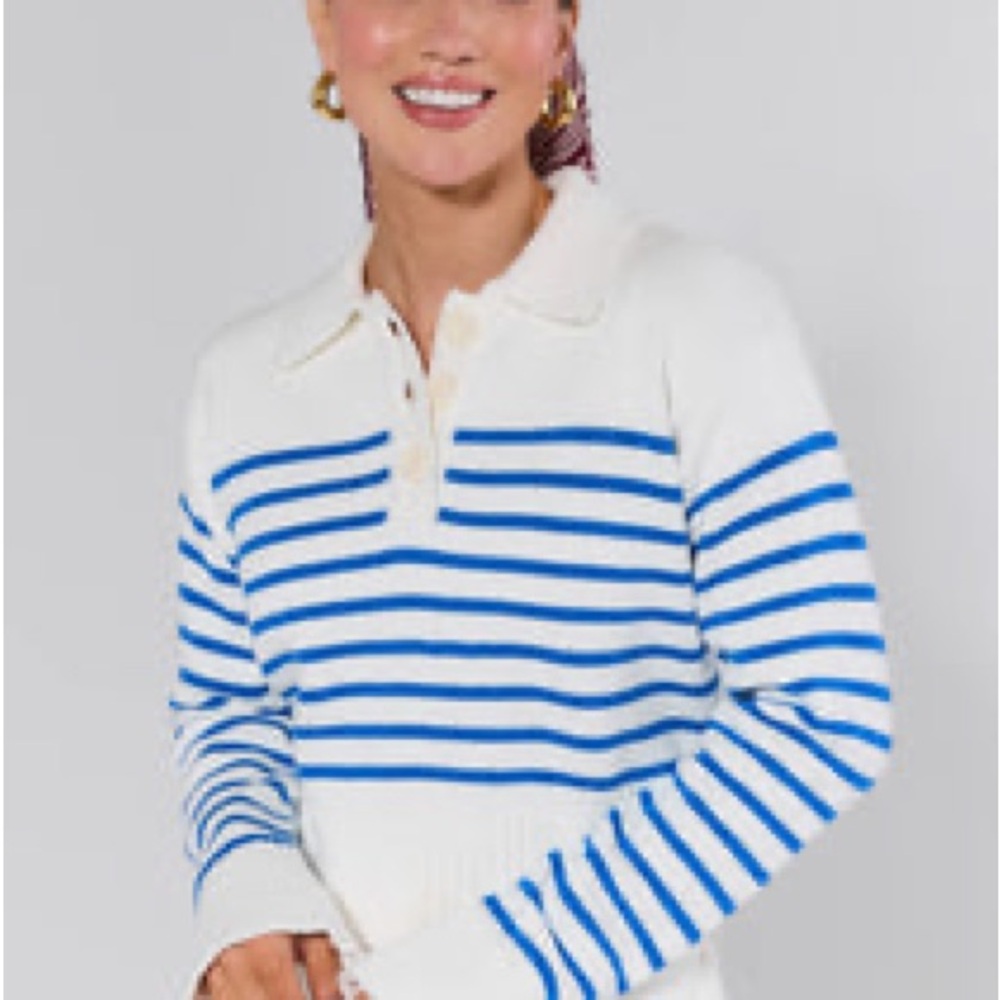 NWT English Factory Striped Polo Sweater in White and Blue